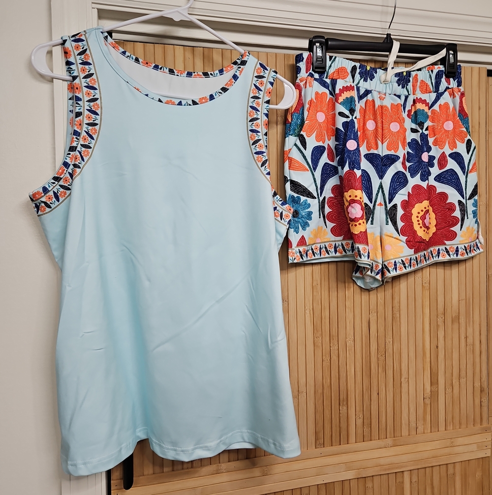 Light Blue Sleeveless Tank with Floral Trim And Shorts Set